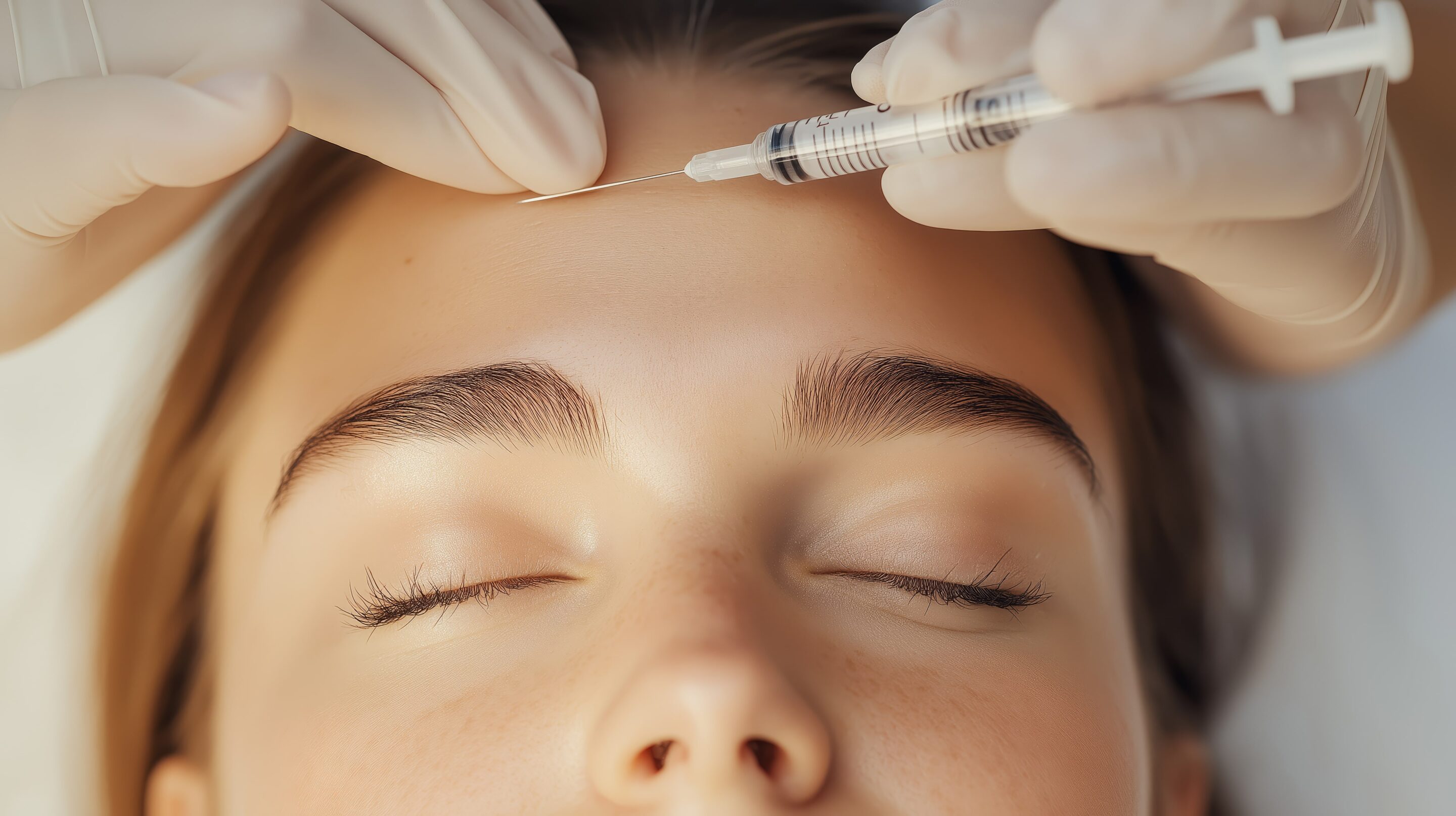Doctor injecting into forehead of beautiful woman in a beauty clinic
